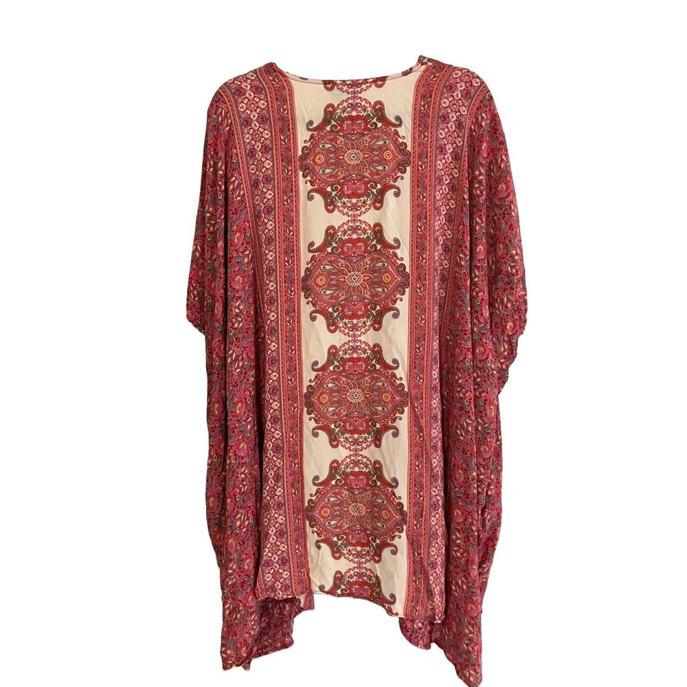 Angie Paisley Floral Print Open Kimono Boho Hippie Red Beige Large